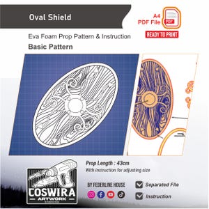 May include: An oval shield pattern for Eva foam props. The design features a detailed wood grain pattern with a central circular element and decorative swirls. The prop length is 43cm. Includes instructions and a separated file.