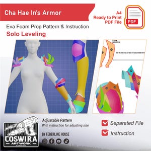May include: A digital pattern for Cha Hae In's armor from Solo Leveling. The image shows a 3D model of the armor, along with instructions and a PDF file. The pattern is adjustable and comes with instructions. The armor design features vibrant colors.
