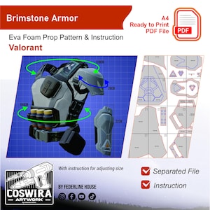 Puede incluir: Patrón digital para la armadura Brimstone de Valorant, con instrucciones. La imagen muestra un modelo 3D de la armadura con medidas: 100cm, 128cm, 26cm y 32cm. El patrón es un archivo PDF listo para imprimir.