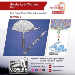 May include: A digital pattern for a Geisha Lady Thirteen fan, featuring an open fan and a matching handle. The design includes the text "Geisha Lady Thirteen Fan" and "Eva Foam Prop Pattern & Instruction". The open fan measures 16.1 inches x 8.1 inches.