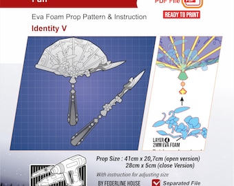 May include: A digital pattern for a Geisha Lady Thirteen fan, featuring an open fan and a matching handle. The design includes the text "Geisha Lady Thirteen Fan" and "Eva Foam Prop Pattern & Instruction". The open fan measures 16.1 inches x 8.1 inches.