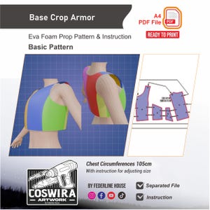 Puede incluir: Patrón digital para una armadura de cultivo básica, con un diseño colorido en azul, amarillo, verde y rojo. Incluye un archivo PDF listo para imprimir con instrucciones y un archivo separado. Circunferencia del pecho: 105 cm.