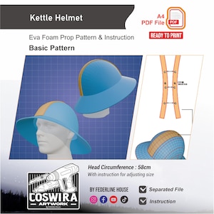 May include: A digital pattern for a kettle helmet, featuring a blue and gold design. The image includes illustrations of the helmet, instructions, and the text "Kettle Helmet," "Eva Foam Prop Pattern & Instruction," and "Basic Pattern."
