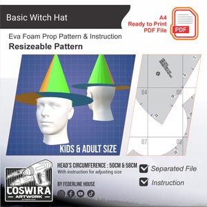 Può includere: Un modello digitale per un cappello da strega di base, con un cono verde, finiture arancioni e tesa blu. Il modello è ridimensionabile per bambini e adulti, con istruzioni per circonferenze della testa di 50 cm e 58 cm. Include un file PDF.