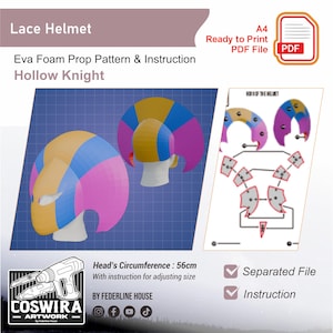May include: A digital pattern for a Lace Helmet, inspired by Hollow Knight, with instructions. The design features a color scheme of yellow, blue, and pink. The pattern includes a head circumference of 56cm and is ready to print as a PDF file.