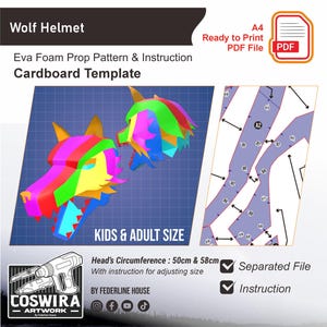 Pode incluir: Um modelo de capacete de lobo colorido para crianças e adultos. O design inclui instruções e está disponível como um arquivo PDF pronto para imprimir. A circunferência da cabeça é de 50 cm e 58 cm. O modelo é de cartão.