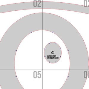 May include: A close-up of a diagram with concentric gray spiral shapes and red outlines. The text "CORE LAYER 5MM EVA FOAM" is in a small circle. Numbers 02, 03, 05, and 06 are visible. The background is white.