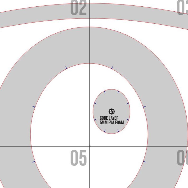 May include: A close-up of a diagram with concentric gray spiral shapes and red outlines. The text "CORE LAYER 5MM EVA FOAM" is in a small circle. Numbers 02, 03, 05, and 06 are visible. The background is white.