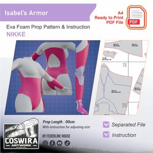 Puede incluir: Patrón digital para la armadura de Isabel, un accesorio de espuma Eva, con instrucciones. El diseño incluye un body rosa y blanco, protectores de brazos y armadura de piernas. El patrón es un archivo PDF listo para imprimir.
