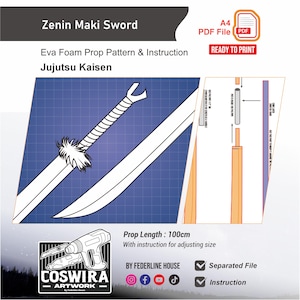 May include: A digital pattern for a Zenin Maki Sword prop from Jujutsu Kaisen. The image shows a blueprint-style illustration of the sword, with a prop length of 100cm. Includes instructions and is ready to print.