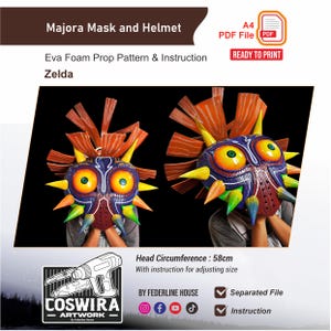 Puede incluir: Dos coloridos cascos de Majora's Mask con detalles en naranja, amarillo, azul y verde. La imagen incluye el texto "Majora Mask and Helmet" y "Eva Foam Prop Pattern & Instruction Zelda." Circunferencia de la cabeza: 58 cm.