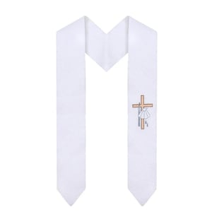 May include: A white graduation stole with a cross and decorative elements. The stole is made of a soft fabric and is designed to be worn over the shoulders. The cross is a simple design with gold and brown accents.