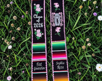 Embroidered Mexican Serape Graduation Stole – Class of 2026 Virgen de Guadalupe Floral Design