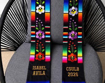 Mexican Graduation Stole: Hand-Stitched Floral Embroidery, Class of 2026 Personalization