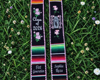 Embroidered Mexican Serape Graduation Stole – Class of 2026 Virgen de Guadalupe Floral Design