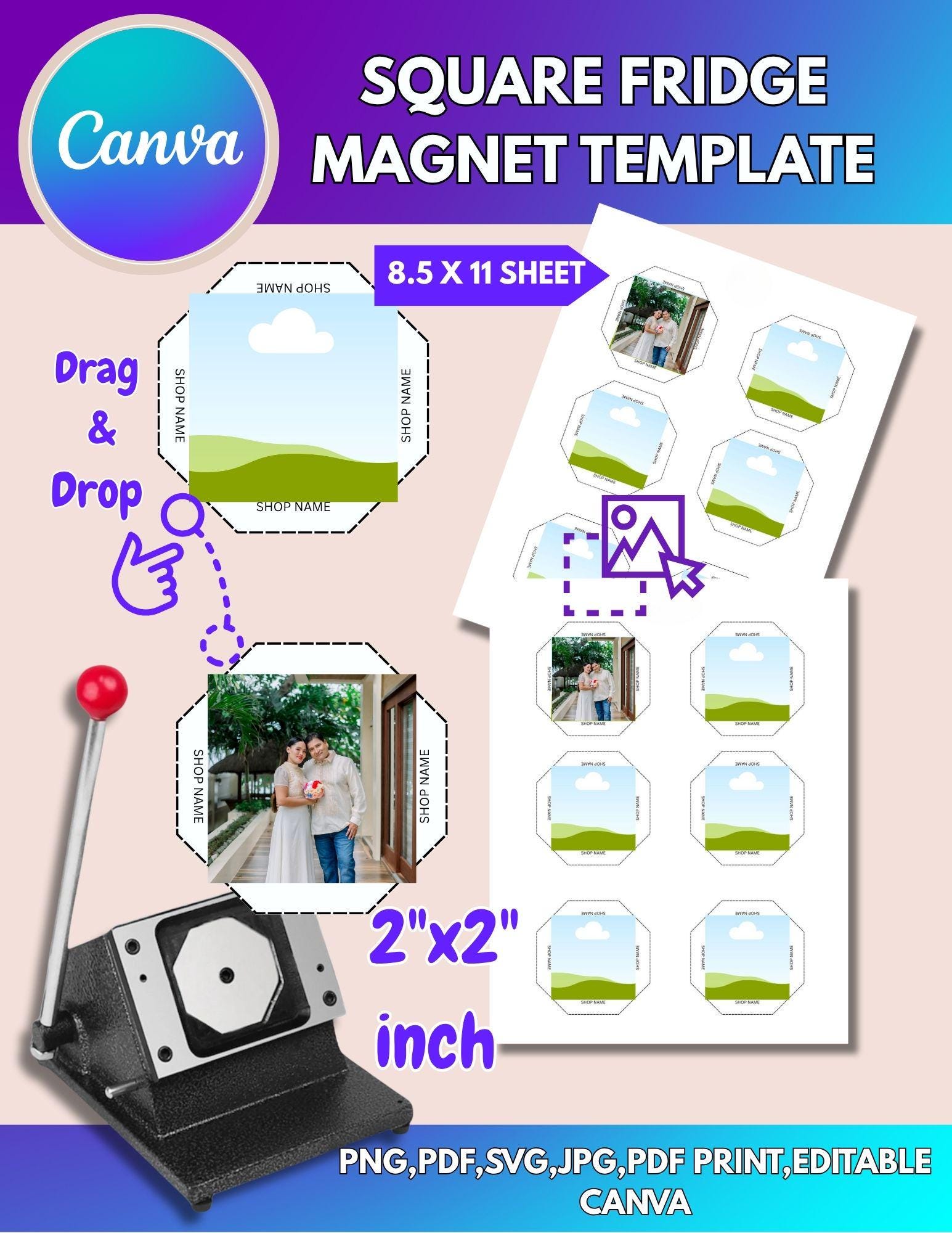 2x2 Square Fridge Magnet Editable Canva Template - Etsy