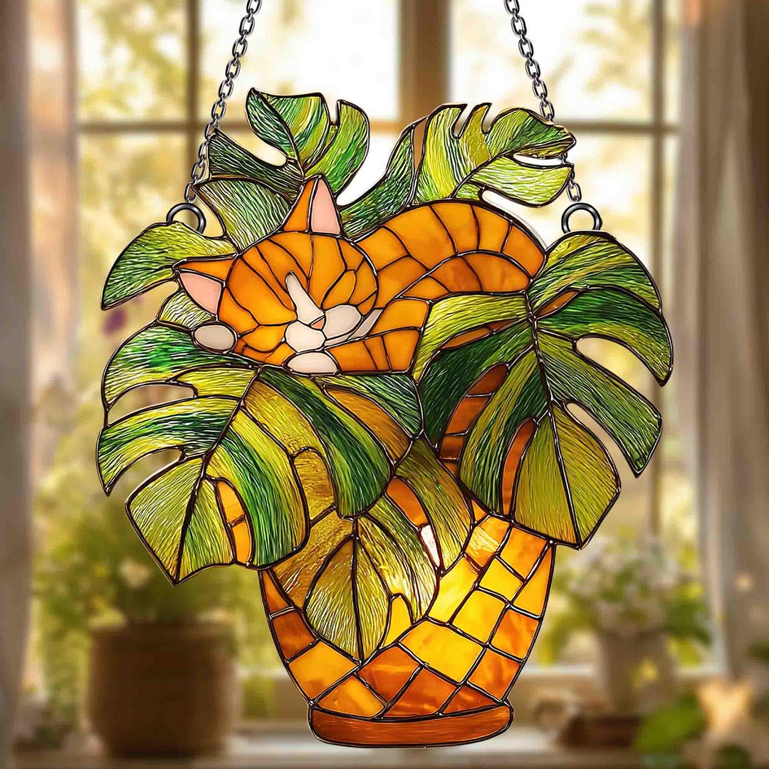 Orange Cat Monstera Acrylic Suncatcher, Sleeping Cat Acrylic Window ...