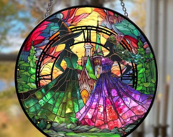 Atrapasueños de vitrales de Elphaba y Glinda, adorno navideño de Wicked, regalo del Mago de Oz, regalo para fans del musical Wicked, decoración navideña