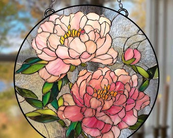 ステンドグラスの牡丹サンキャッチャー：手作りの花飾り窓飾り - Etsy 日本
