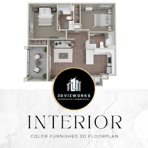 Puede incluir: Plano de planta 3D amueblado en color de un espacio residencial. El diseño incluye dormitorios, baños, una sala de estar y una cocina. La imagen presenta el texto "INTERIOR" y el logotipo de 3D Vizworks.