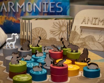 Amélioration du jeu de société Harmonies : ensemble de pions animaux en bois avec organiseur