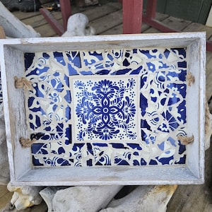 One of a Kind - Handmade Cobalt Blue & White Mosaic Tile Tray using tile made Mexico