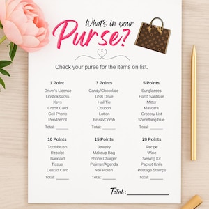 May include: A printable game sheet titled "What's in your Purse?" with a list of items to find in a purse. The sheet includes a decorative pink flower, gold paper clips, and a gold pen. The game is an instant download.