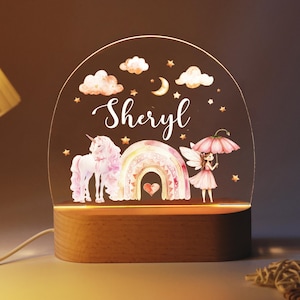 Rainbow Unicorn Fairy Custom Name Night Light for Baby Girl, Toddler Bedroom Bedside Night Light Name Lamp,  Moon Clouds Kids Nursery Decor