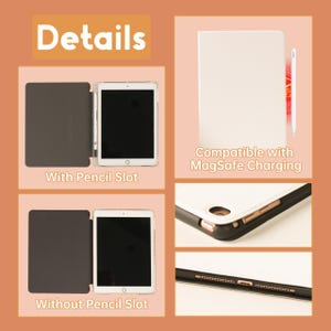 May include: An image showcasing details of a tablet case. The case is shown with and without a pencil slot. The text "Details" and "Compatible with MagSafe Charging" are visible. The case is white and black.