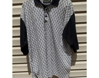 Camisa polo Wicked vintage dos anos 90 com estampa total de pinos de boliche, tamanho masculino XXL.