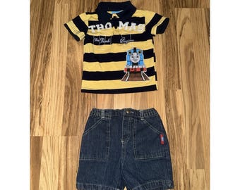 Thomas The Tank Toddler Blue Engine 2T Polo Striped Shirt Jean Shorts Denim