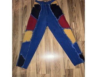Pantalones vaqueros holgados de mamá de cintura alta con bloques de color de los años 90 de Vtg Machine