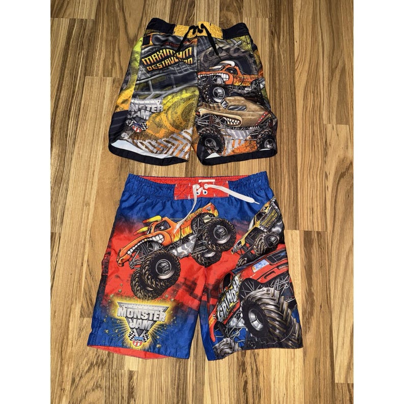 MONSTER JAM Y2K Boys Grinder Max D Monster Trucks Swim Trunks Sz XS 4/5 Lot image 1