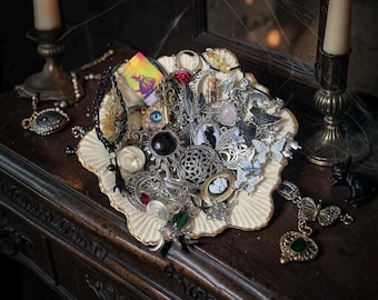 Gothic Witches Mystery Jewelry Jar with necklaces, bracelets, chokers, earrings and rings