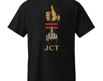 May include: Black t-shirt featuring a graphic design with a thumbs-up, two horizontal lines, and a middle finger. The design is in gold and red, with the letters "JCT" at the bottom.