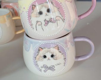 Handgemachte Keramik Katze Tasse & Untertasse Set - Handbemalte Pastell Geschirr