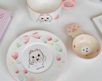 Handgetöpferte Keramik Katze -Tasse und Untertasse Set - Pastell Geschirr