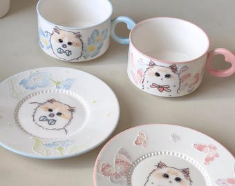 Handgetöpferte Keramik Katzen Tasse & Untertasse Set - Pastell Geschirr