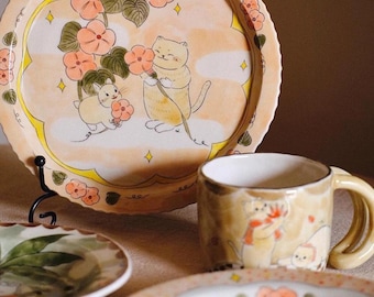 Handgemachte Keramik Katzen Tasse & Untertasse Set - Handbemalte Keramik, Pastell Geschirr