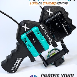 Könnte beinhalten: Ein schwarzer und türkisfarbener Dual-Launcher mit dem Text "Winder Dual Launcher Pro" und "Choose Your Colors". Der Launcher hat einen Griff und eine Reißleine. Das Bild zeigt auch einen Farbkreis.