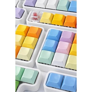 Könnte beinhalten: Nahaufnahme von farbenfrohen Tastaturkappen, angeordnet in weißen Tabletts. Die Kappen sind in verschiedenen Pastellfarben wie Gelb, Orange, Blau und Lila gehalten. Eine Kappe ist transparent mit einem roten Objekt darin.