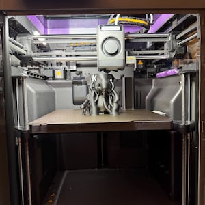 May include: A Bambu Lab X1C 3D printer with a dark gray frame and internal lighting. A black, multi-tentacled creature figure with the letter K printed on its front is positioned on the textured build plate, which is marked 256 x 256 x 256 mm.