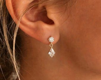 Pendientes de cristal art déco, gota chapada en oro, circonita cúbica redonda, colgante de piedra preciosa de cometa transparente, joyería de boda minimalista, regalo