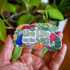 May include: A vibrant sticker with the phrase "Live Life on the Veg" and vegetable illustrations. The design includes tomatoes, lettuce, and a blue aubergine. The sticker is held in a hand.