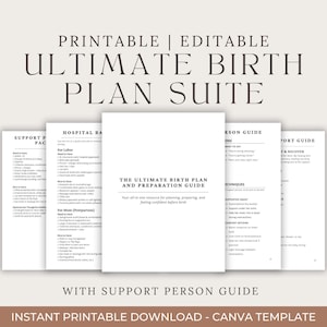 Birth Plan Suite | Support Person Guide, Birth Plan Template, Hospital Bag Checklist + MORE | Editable Canva Workbook