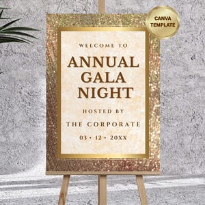 Event-Willkommensschild-Vorlage | Black Tie Gala Awards Party Gold Poster | Bearbeitbare Canva Design Signage | Druckbare digitale Datei