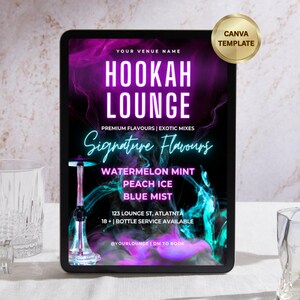 Puede incluir: Tableta digital que muestra un anuncio de Hookah Lounge. El diseño presenta un esquema de color púrpura y turquesa vibrante con el texto "HOOKAH LOUNGE" y "Signature Flavours". Los sabores enumerados incluyen Watermelon Mint, Peach Ice y Blue Mist. Se ve una insignia dorada "CANVA TEMPLATE".