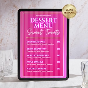 Puede incluir: Un menú de postres digital en una tableta, con un fondo a rayas rosas y blancas. El menú enumera varios dulces como pastel de chocolate, tarta de crema de bayas y copas de helado. Una pegatina dorada de Canva Template está en la esquina superior derecha.