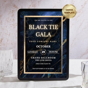 May include: A digital tablet shows a formal invitation for a "Black Tie Gala." The design features a dark blue marble background with gold accents and text. The invitation includes the date, time, and dress code. A "Canva Template" sticker is in the upper right corner.