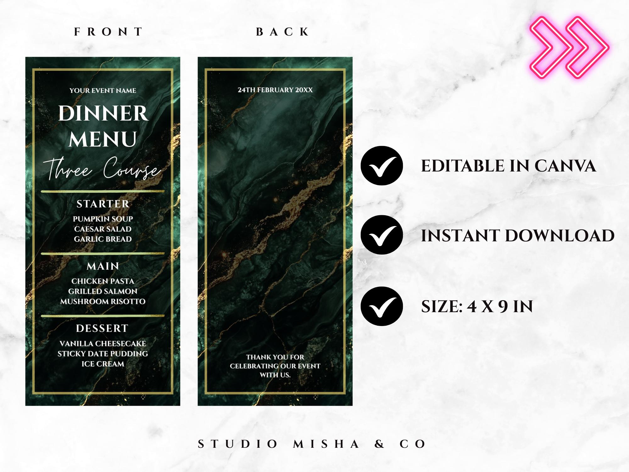 Formal Dinner Menu Template | Black Tie Corporate Event | Emerald Green ...
